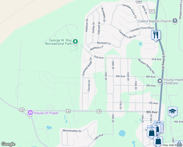 map of restaurants, bars, coffee shops, grocery stores, and more near 1005 Garnet Drive in Calera