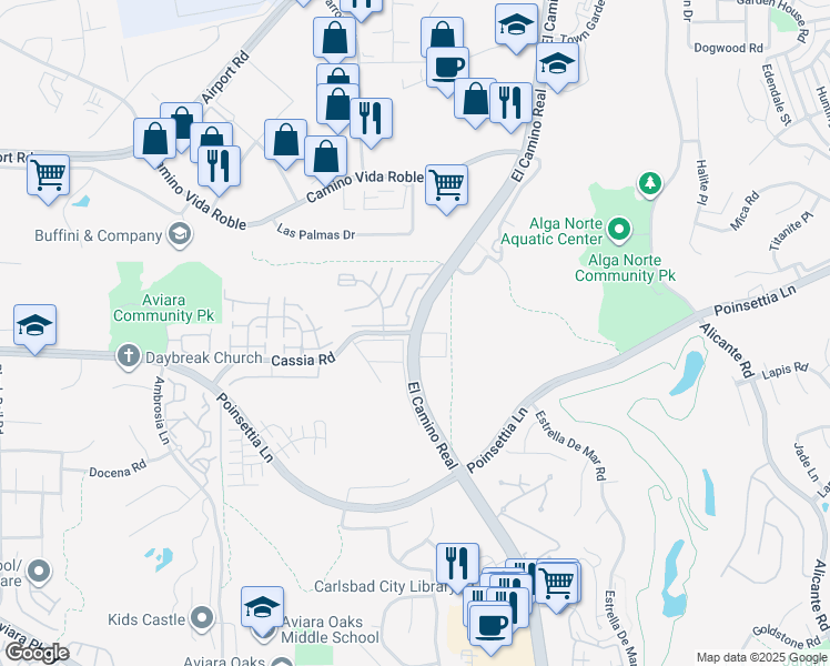 map of restaurants, bars, coffee shops, grocery stores, and more near El Camino Real & Cassia Rd in Carlsbad