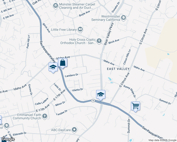 map of restaurants, bars, coffee shops, grocery stores, and more near 1080 Landavo Rancho Road in Escondido