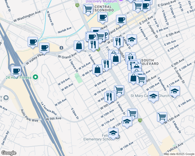 map of restaurants, bars, coffee shops, grocery stores, and more near 629-33 West 5th Avenue in Escondido