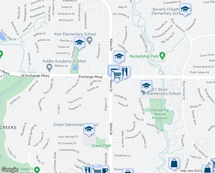 map of restaurants, bars, coffee shops, grocery stores, and more near 1102 Salado Drive in Allen