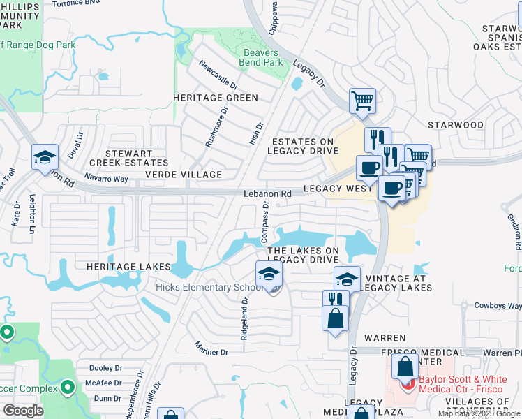 map of restaurants, bars, coffee shops, grocery stores, and more near 4147 Sardinia Way in Frisco