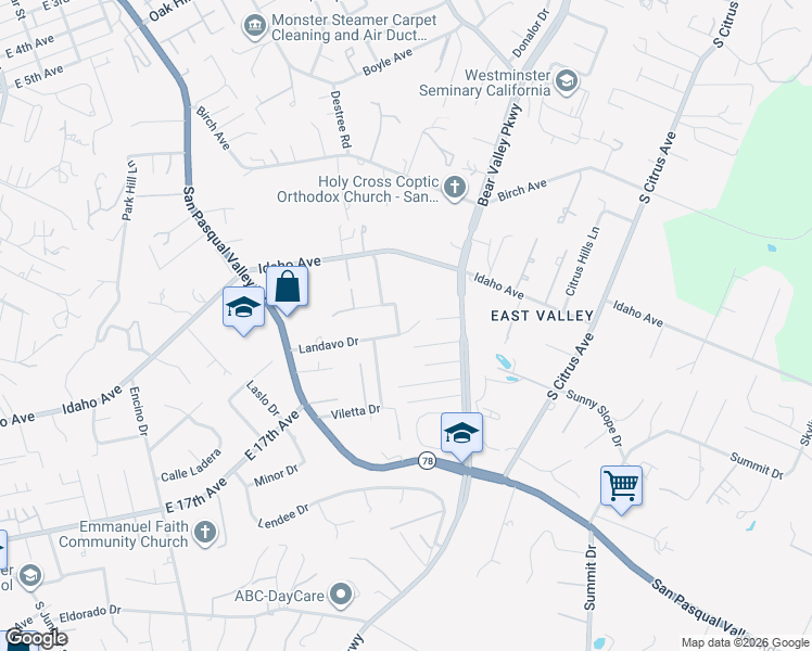 map of restaurants, bars, coffee shops, grocery stores, and more near 1080 Landavo Rancho Road in Escondido