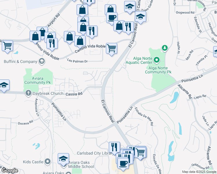map of restaurants, bars, coffee shops, grocery stores, and more near 1820 Cassia Road in Carlsbad