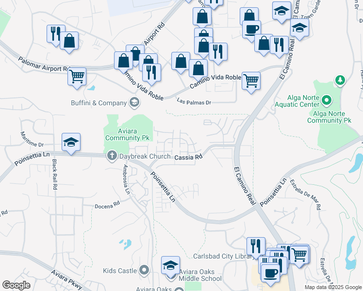 map of restaurants, bars, coffee shops, grocery stores, and more near 1757 Vesper Lane in Carlsbad