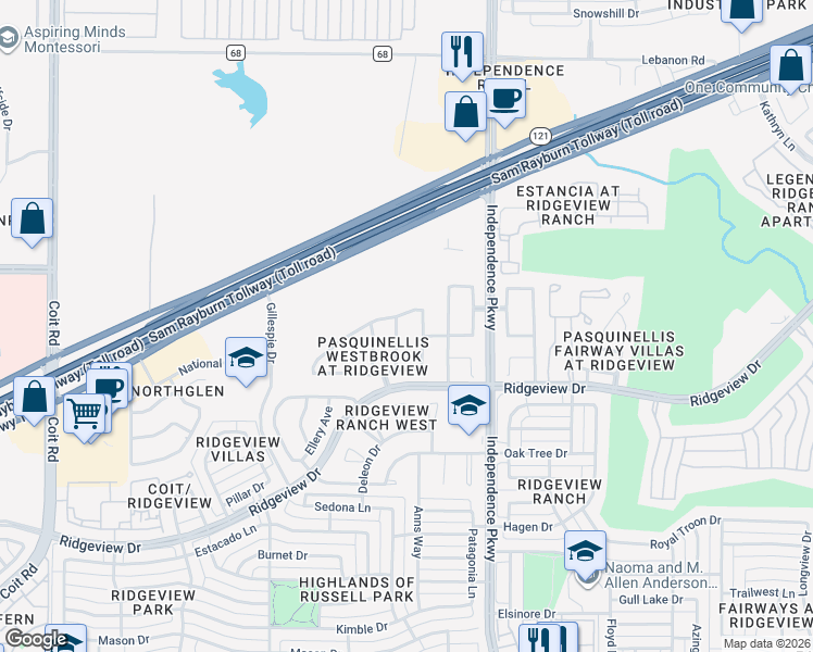 map of restaurants, bars, coffee shops, grocery stores, and more near 9913 Rockwall Road in Plano