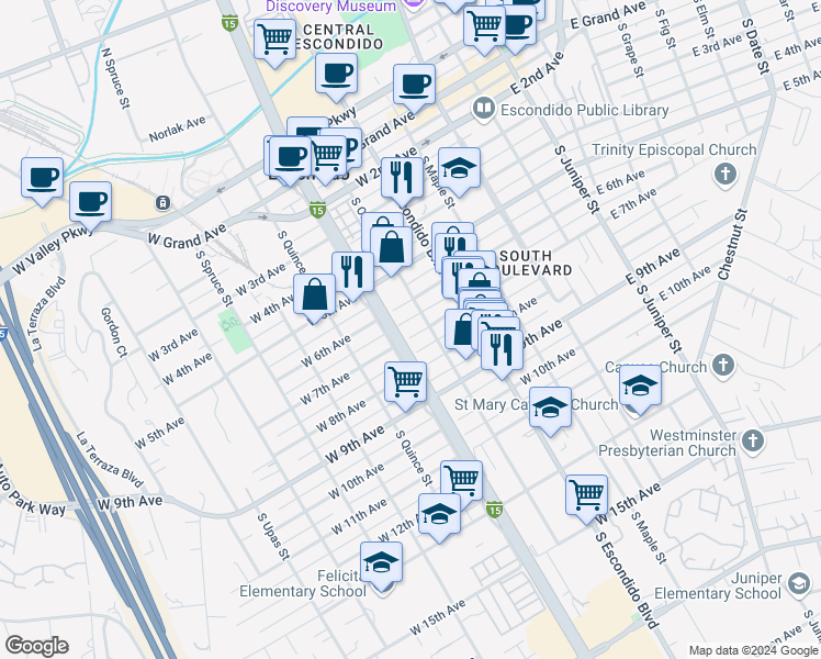 map of restaurants, bars, coffee shops, grocery stores, and more near 428 West 7th Avenue in Escondido