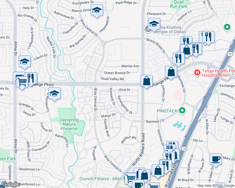 map of restaurants, bars, coffee shops, grocery stores, and more near 1019 Sprangletop Street in Allen