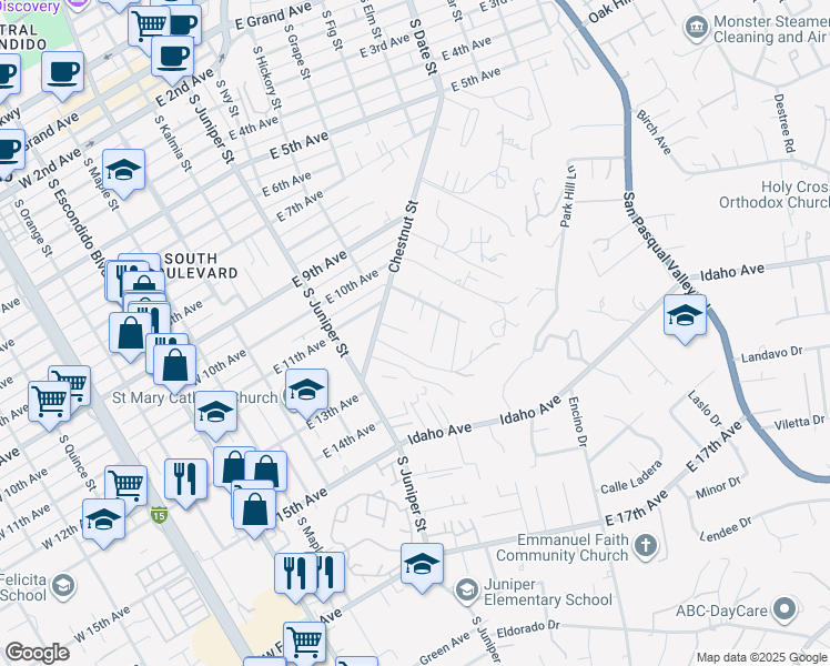 map of restaurants, bars, coffee shops, grocery stores, and more near 540 Pine Tree Place in Escondido