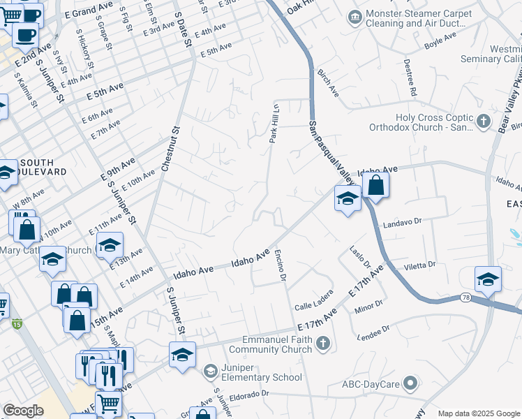 map of restaurants, bars, coffee shops, grocery stores, and more near 1393 Park Hill Lane in Escondido