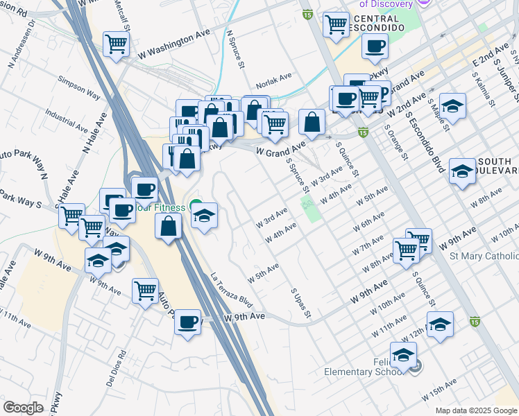 map of restaurants, bars, coffee shops, grocery stores, and more near 967 West 2nd Avenue in Escondido