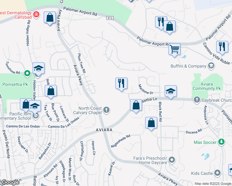 map of restaurants, bars, coffee shops, grocery stores, and more near 6492 Wayfinders Court in Carlsbad