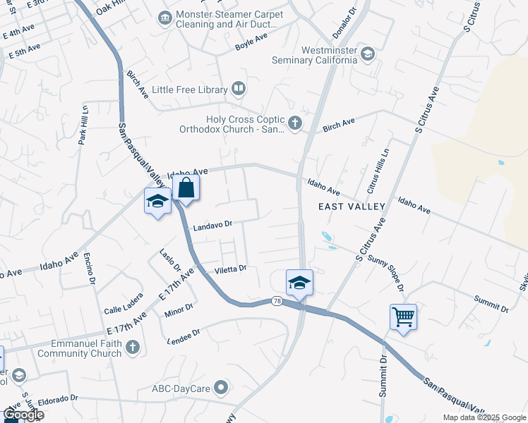 map of restaurants, bars, coffee shops, grocery stores, and more near 1080 Landavo Rancho Road in Escondido