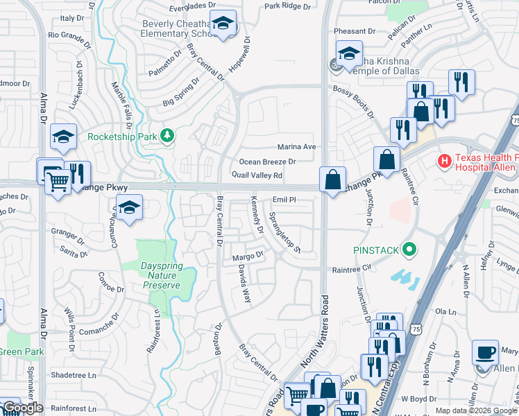 map of restaurants, bars, coffee shops, grocery stores, and more near 1031 Kennedy Drive in Allen