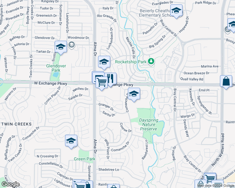 map of restaurants, bars, coffee shops, grocery stores, and more near 1103 Padre Circle in Allen