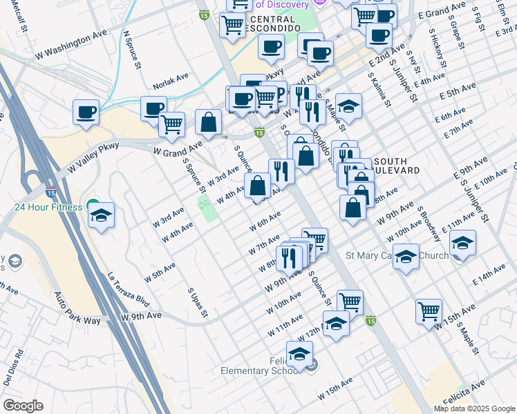 map of restaurants, bars, coffee shops, grocery stores, and more near 600 West 6th Avenue in Escondido