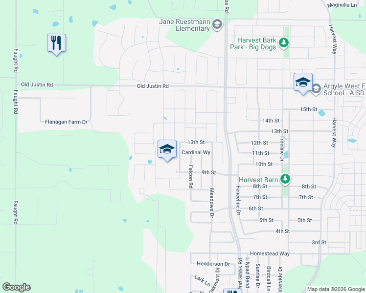 map of restaurants, bars, coffee shops, grocery stores, and more near 1916 Cardinal Way in Argyle