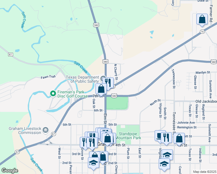 map of restaurants, bars, coffee shops, grocery stores, and more near 155 Elm Street in Graham