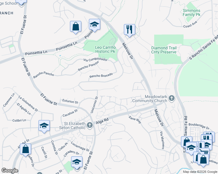 map of restaurants, bars, coffee shops, grocery stores, and more near 2923 Rancho Cortes in Carlsbad