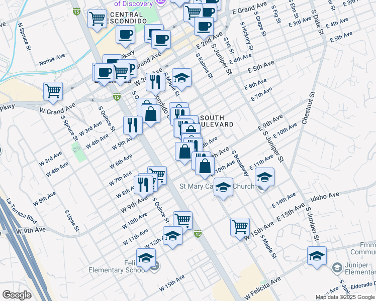 map of restaurants, bars, coffee shops, grocery stores, and more near 810 South Escondido Boulevard in Escondido