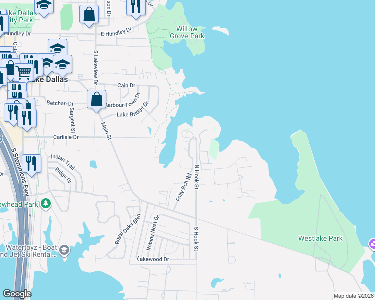 map of restaurants, bars, coffee shops, grocery stores, and more near 213A Folly Beach Road in Lake Dallas