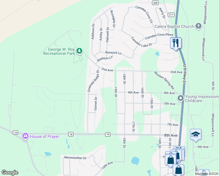 map of restaurants, bars, coffee shops, grocery stores, and more near 352 19th Street in Calera