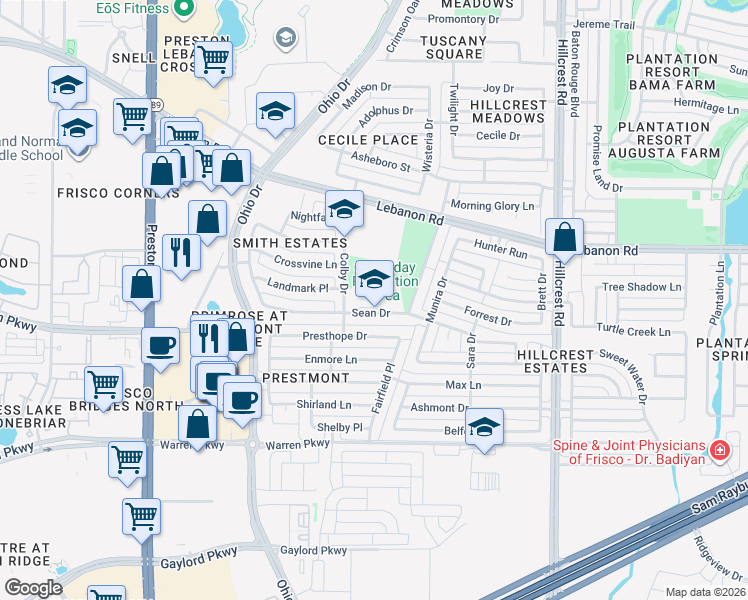 map of restaurants, bars, coffee shops, grocery stores, and more near 9800 Sean Drive in Frisco