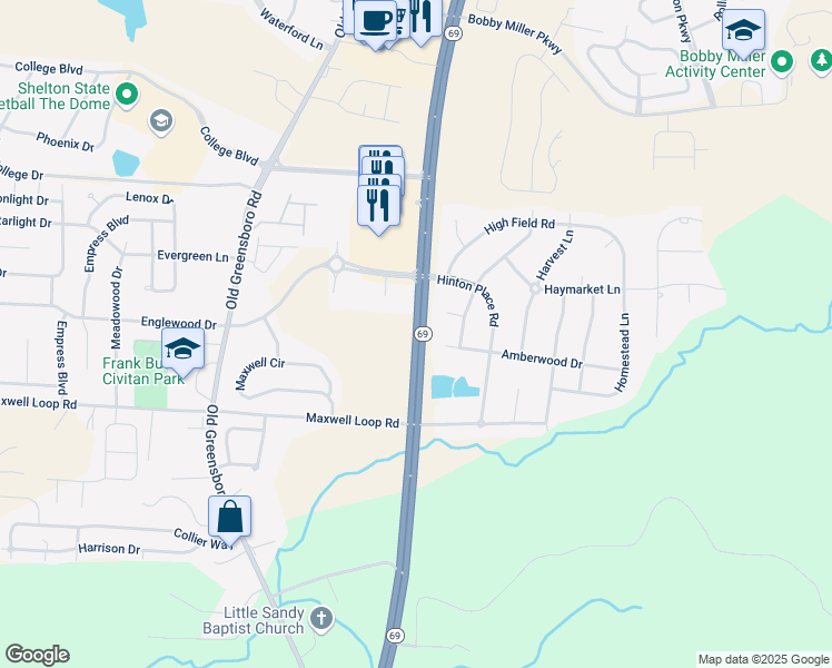 map of restaurants, bars, coffee shops, grocery stores, and more near Alabama 69 in Tuscaloosa