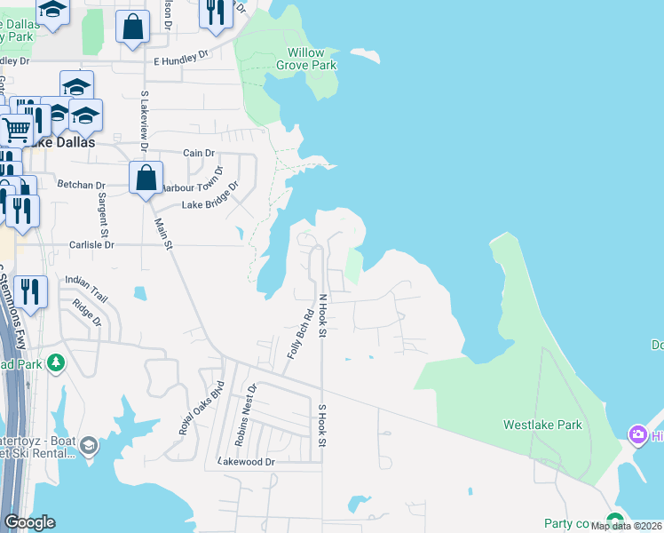 map of restaurants, bars, coffee shops, grocery stores, and more near 205 North Hook Street in Lake Dallas