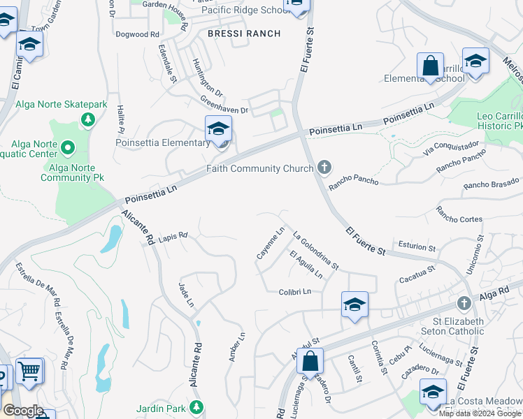 map of restaurants, bars, coffee shops, grocery stores, and more near 2508 La Golondrina Street in Carlsbad