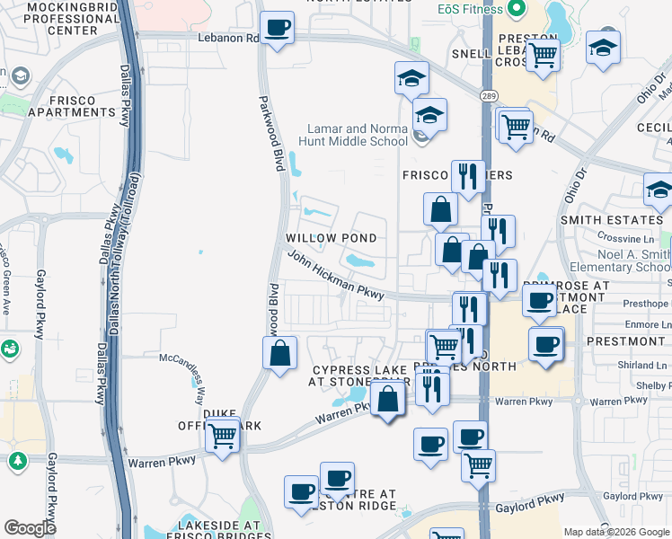 map of restaurants, bars, coffee shops, grocery stores, and more near 25 Mill Pond Drive in Frisco