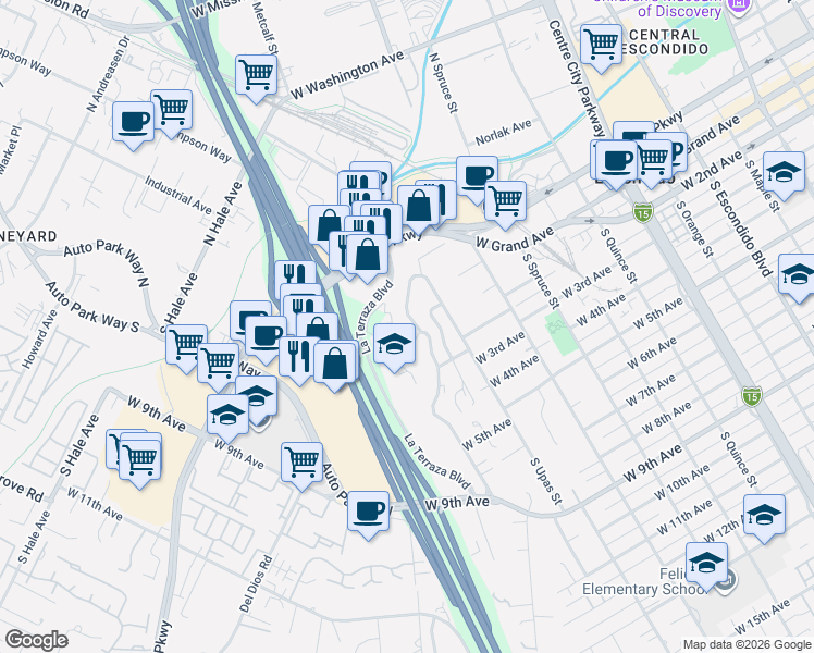 map of restaurants, bars, coffee shops, grocery stores, and more near 104 Howell Heights Drive in Escondido