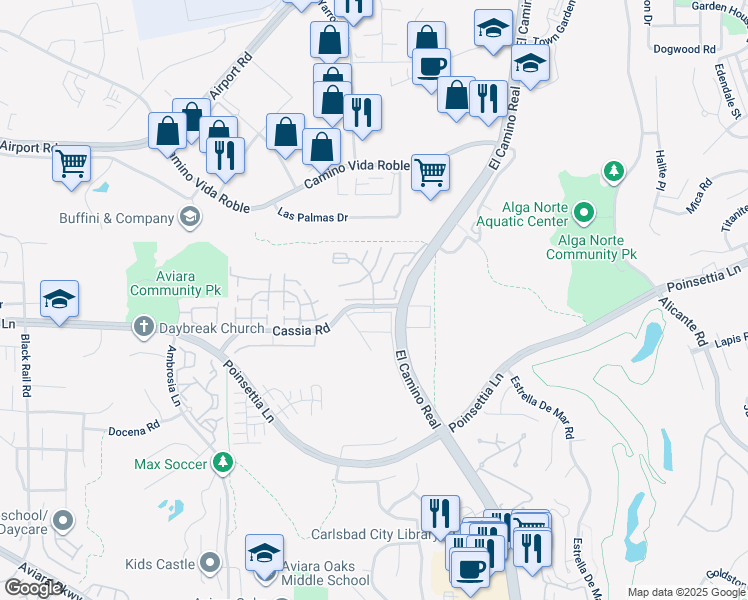 map of restaurants, bars, coffee shops, grocery stores, and more near 1965 Cassia Road in Carlsbad