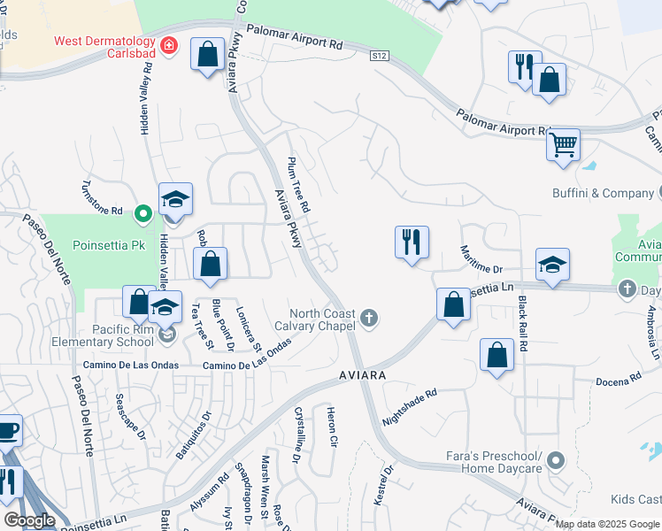 map of restaurants, bars, coffee shops, grocery stores, and more near 6590 Daylily Drive in Carlsbad