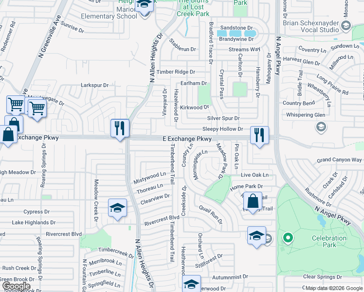 map of restaurants, bars, coffee shops, grocery stores, and more near 1100 Timberbend Trail in Allen