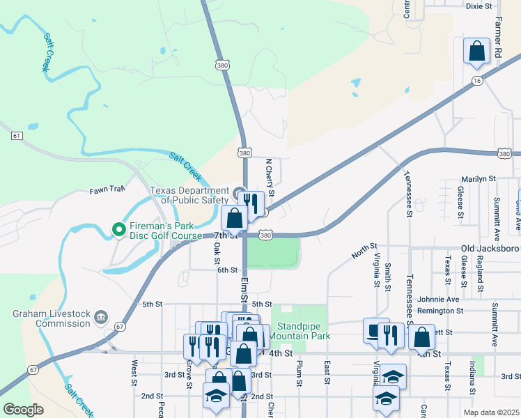 map of restaurants, bars, coffee shops, grocery stores, and more near 155 Elm Street in Graham