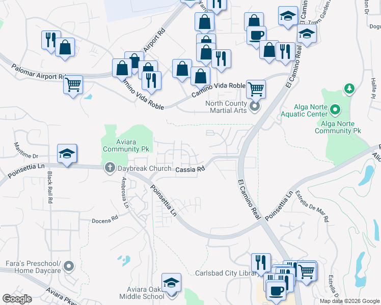 map of restaurants, bars, coffee shops, grocery stores, and more near 1757 Vesper Lane in Carlsbad