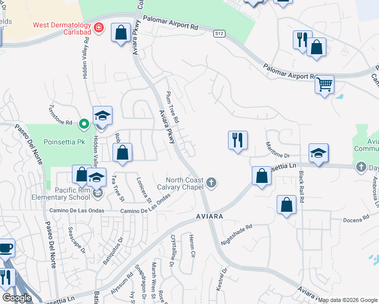 map of restaurants, bars, coffee shops, grocery stores, and more near 6586 Daylily Drive in Carlsbad