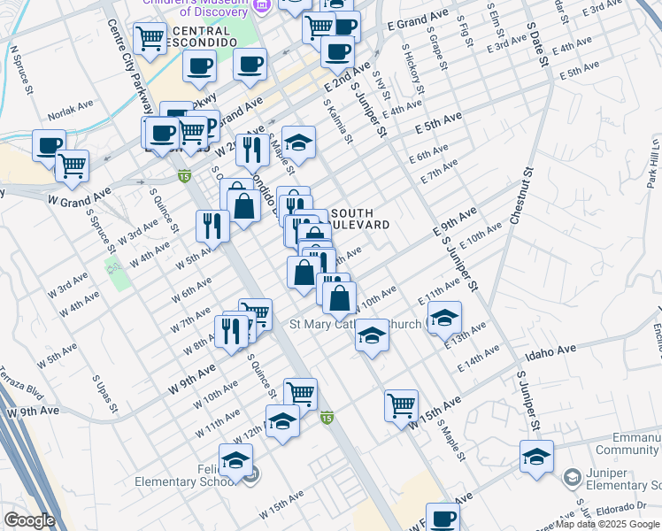 map of restaurants, bars, coffee shops, grocery stores, and more near 810 South Escondido Boulevard in Escondido