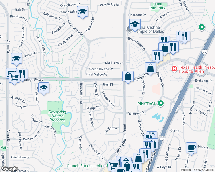 map of restaurants, bars, coffee shops, grocery stores, and more near 1019 Sprangletop Street in Allen