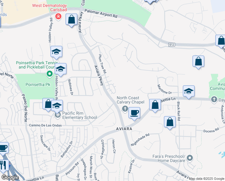 map of restaurants, bars, coffee shops, grocery stores, and more near 6586 Daylily Drive in Carlsbad
