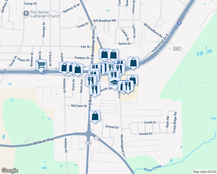 map of restaurants, bars, coffee shops, grocery stores, and more near 1400 Mockingbird Lane in Sulphur Springs
