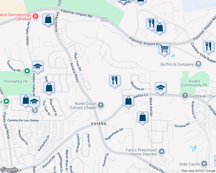 map of restaurants, bars, coffee shops, grocery stores, and more near 6492 Wayfinders Court in Carlsbad