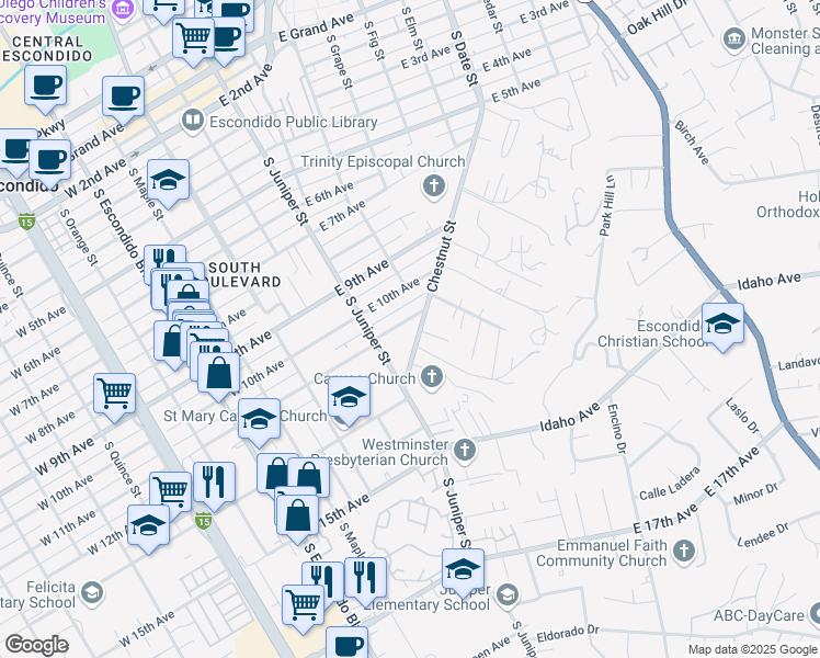 map of restaurants, bars, coffee shops, grocery stores, and more near 1150 Chestnut Street in Escondido