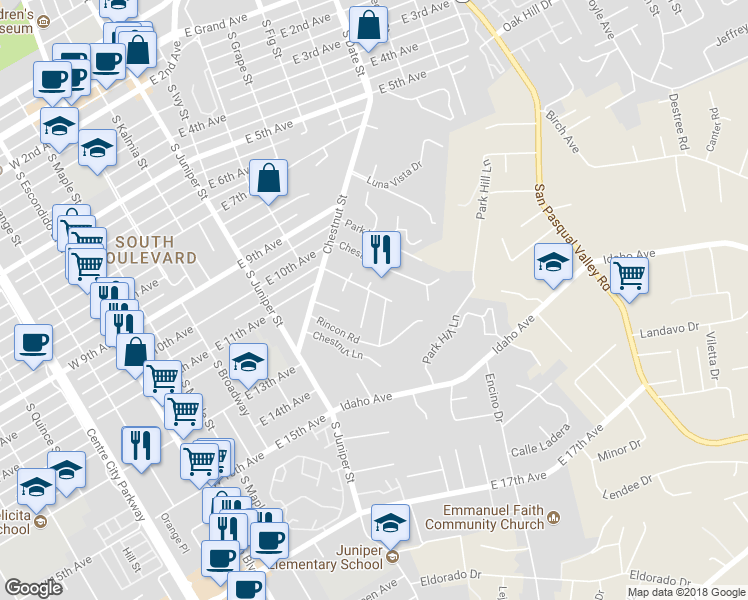 map of restaurants, bars, coffee shops, grocery stores, and more near 1078 Robertson Drive in Escondido