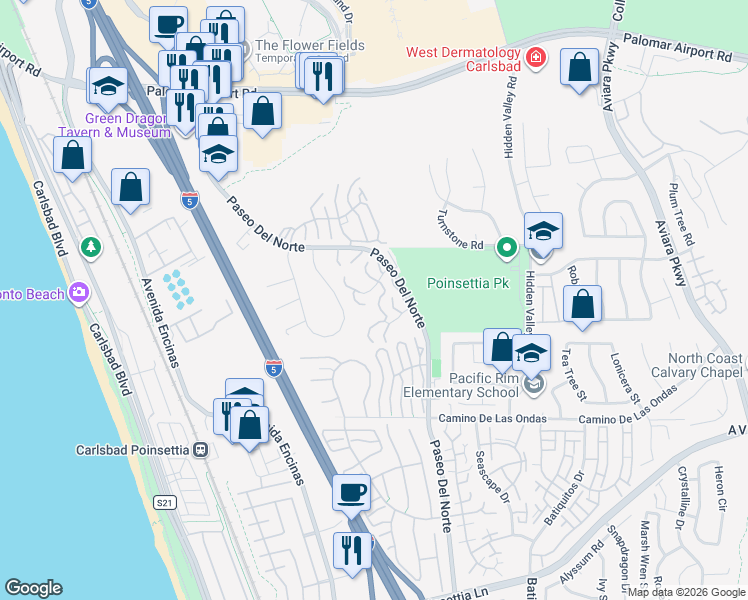 map of restaurants, bars, coffee shops, grocery stores, and more near 909 Caminito Madrigal in Carlsbad