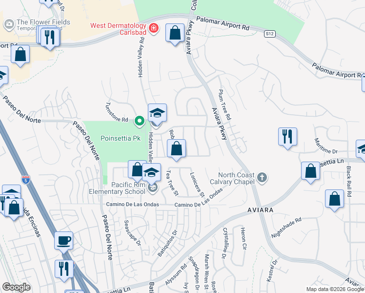 map of restaurants, bars, coffee shops, grocery stores, and more near 6581 Bluebonnet Drive in Carlsbad