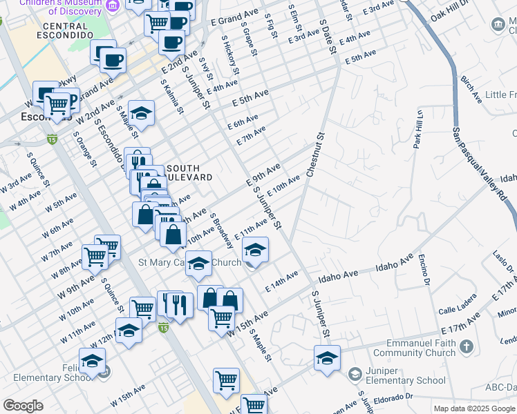 map of restaurants, bars, coffee shops, grocery stores, and more near 253 East 10th Avenue in Escondido