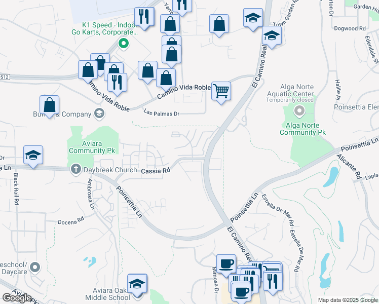 map of restaurants, bars, coffee shops, grocery stores, and more near 6421 Tobria Terrace in Carlsbad