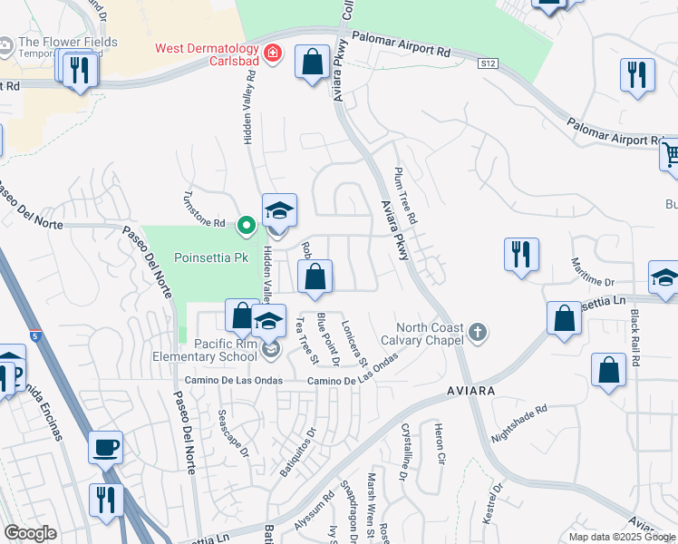 map of restaurants, bars, coffee shops, grocery stores, and more near 6591 Windflower Drive in Carlsbad